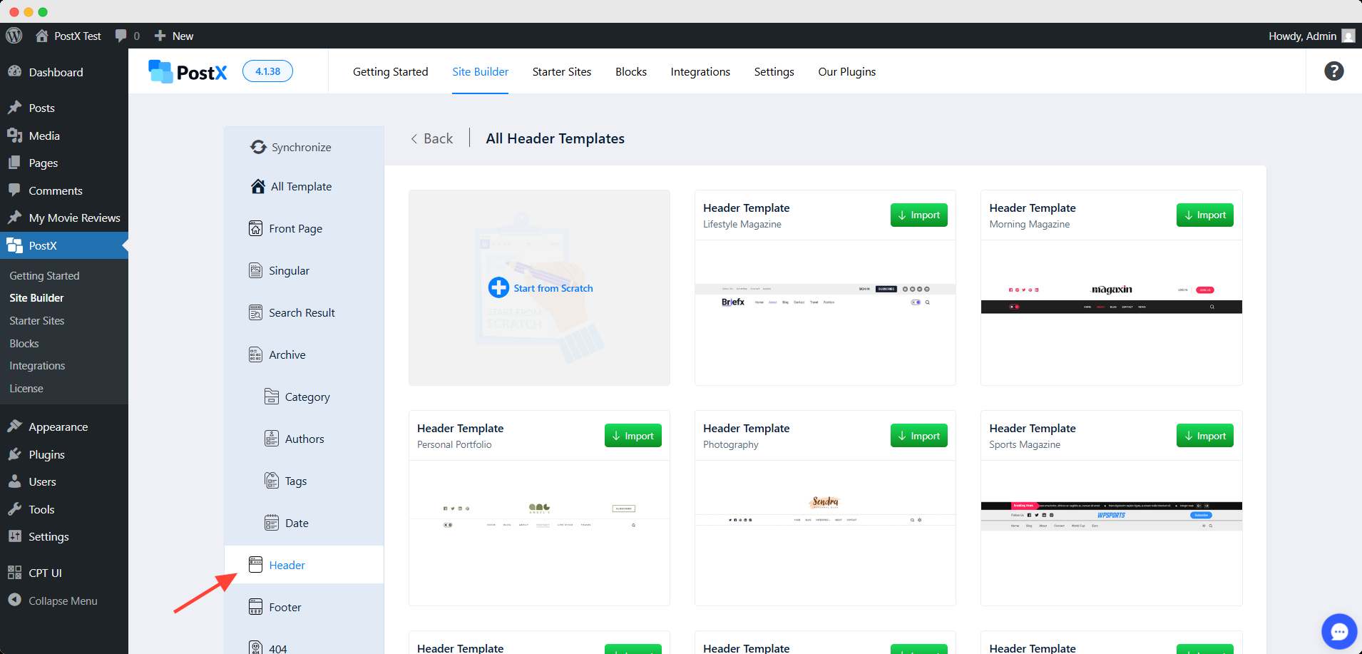 import header template