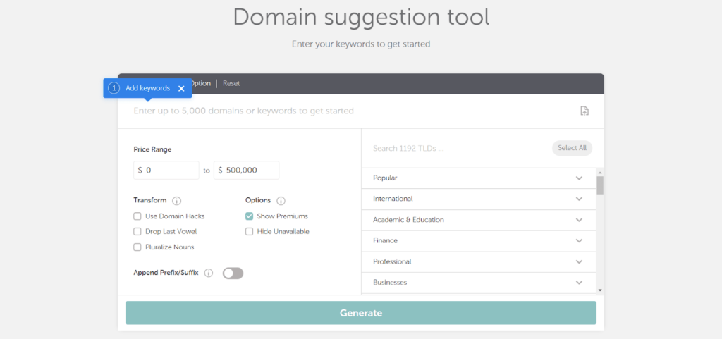 use domain name generator to get ideas