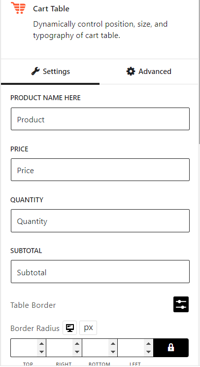 Cart Table Block General Settings