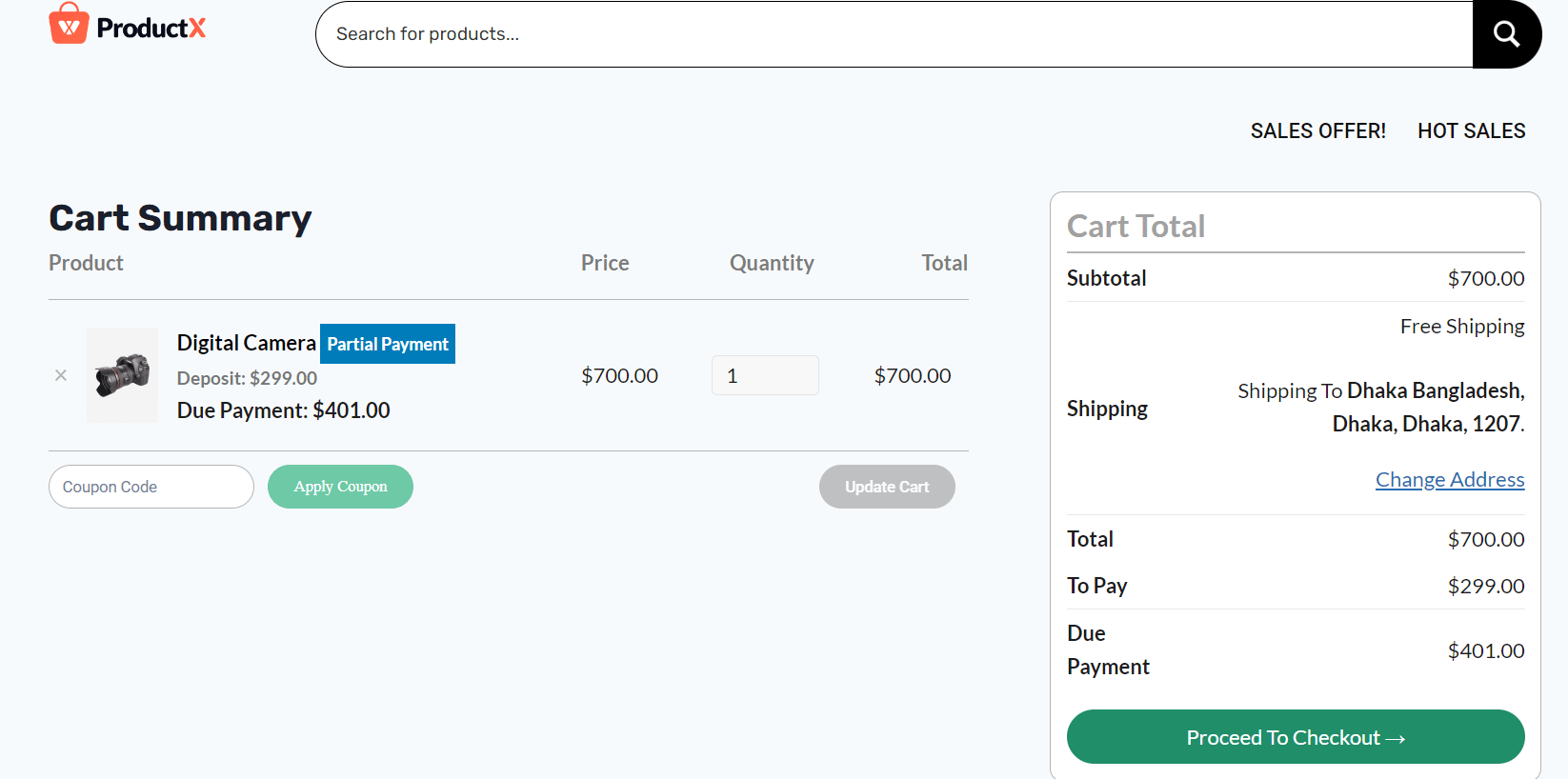 Checkout page with partial payment