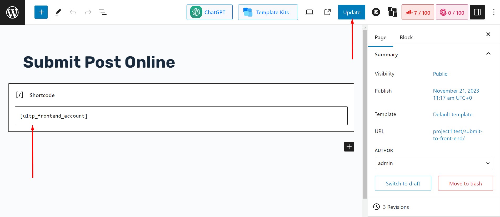 Pasting the Front End Submission Shortcode