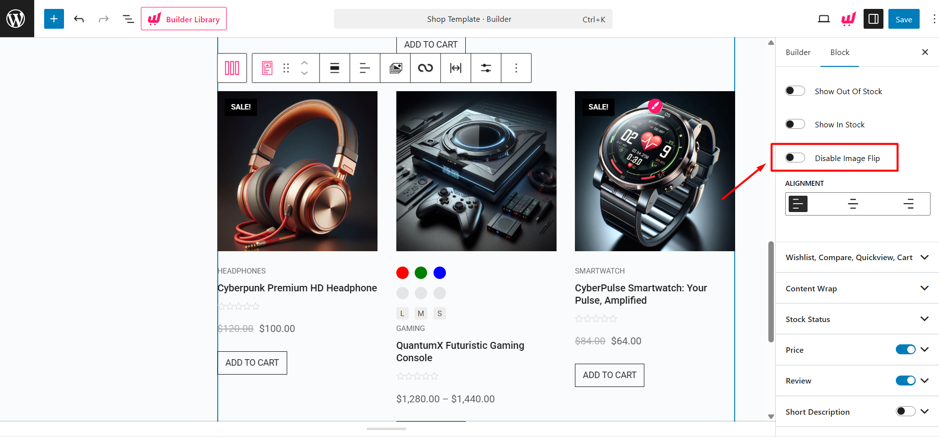 disabling image flip in product blocks settings