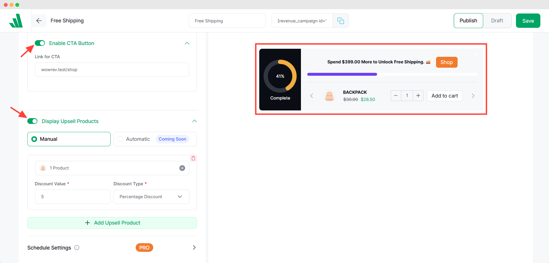 upsell products and CTA button