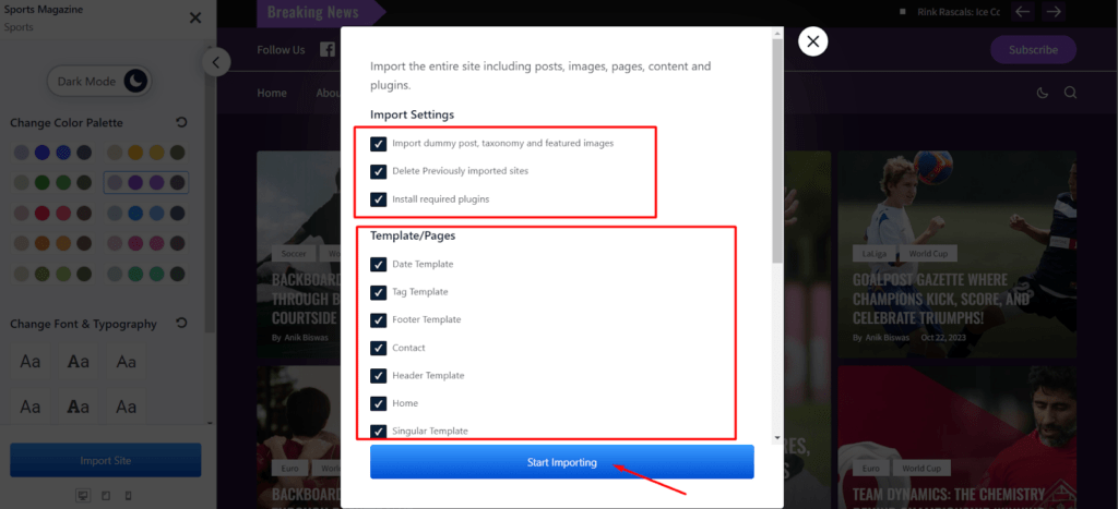 choose settings for importing news site