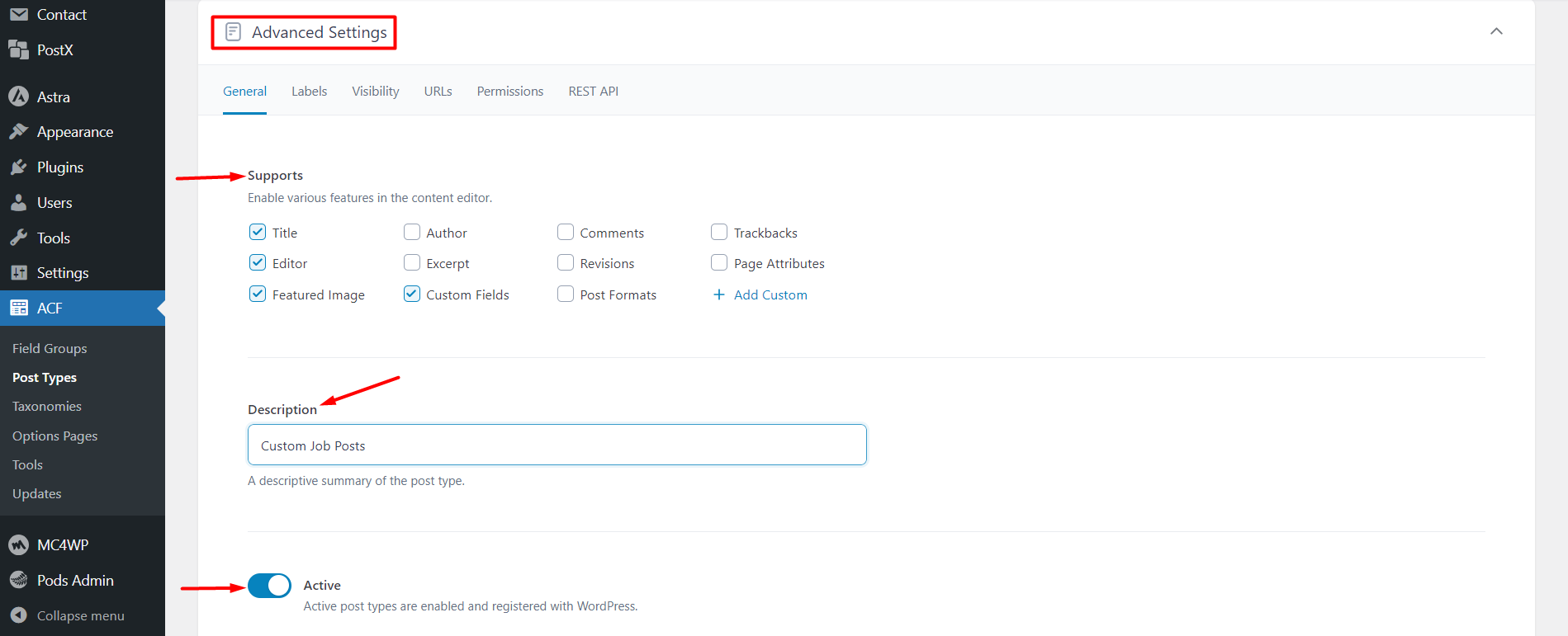 General settings for the post type