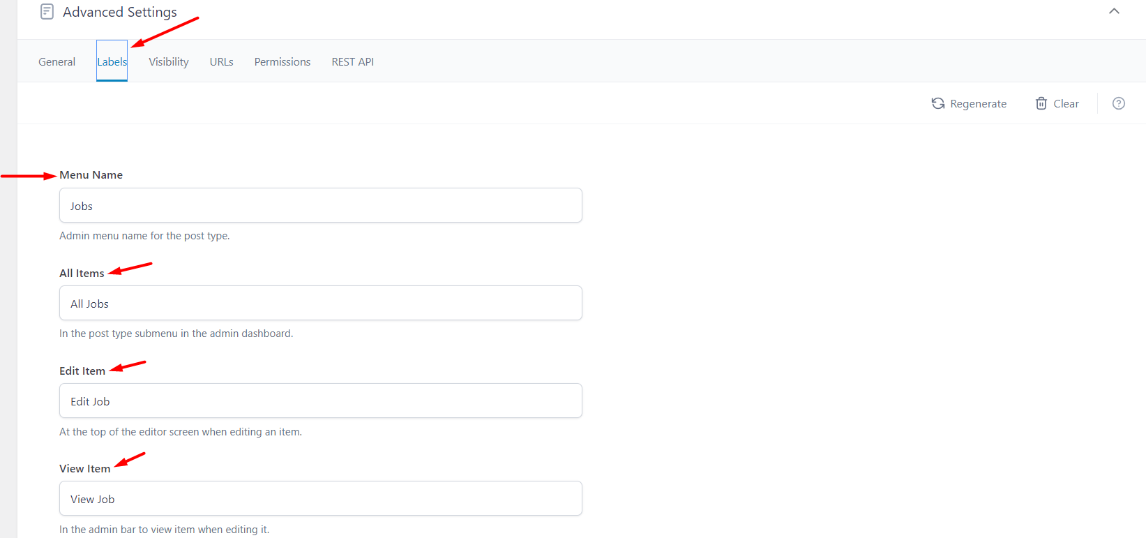 Labels for the custom post type