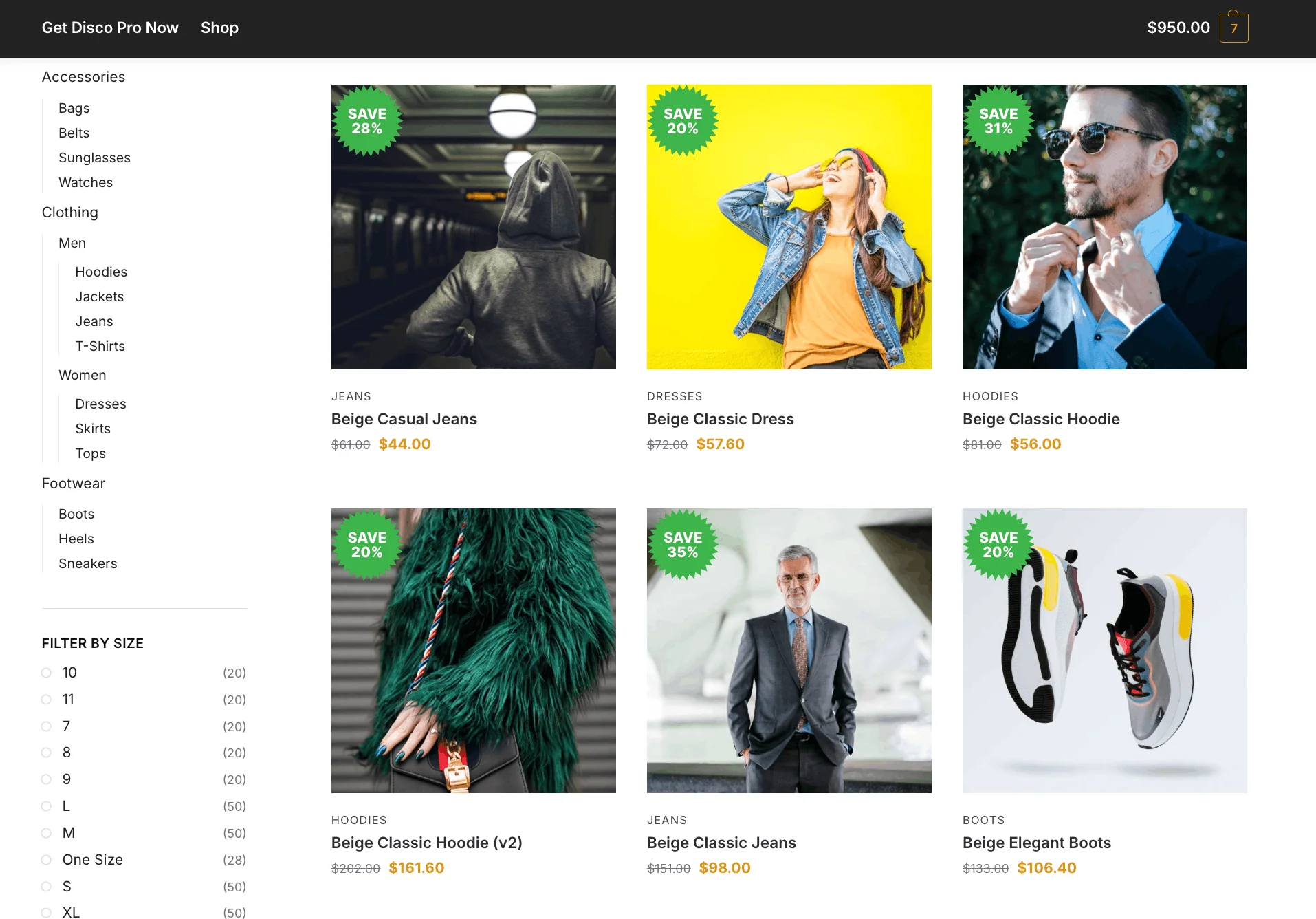 shop page of a store including product block and filter