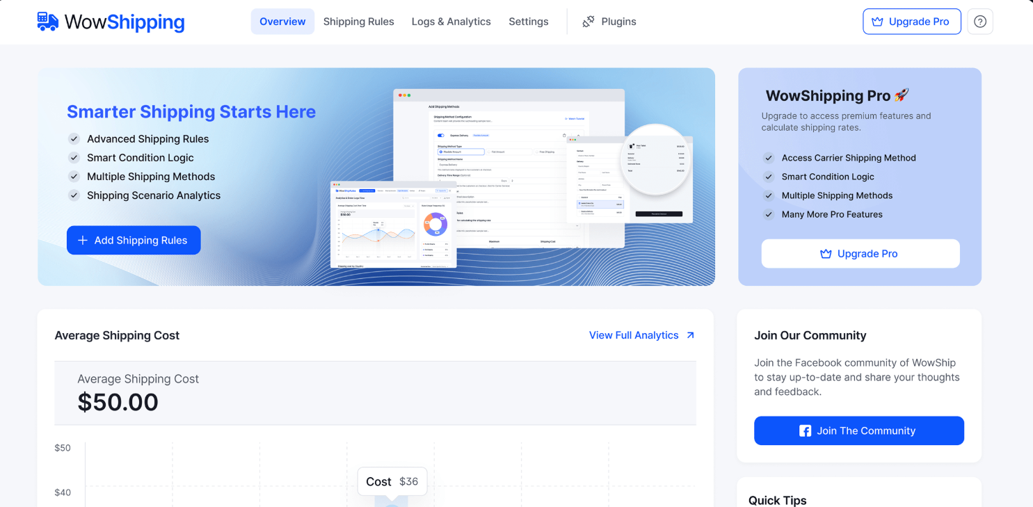 Dashboard of table rate shipping plugin WowShipping.