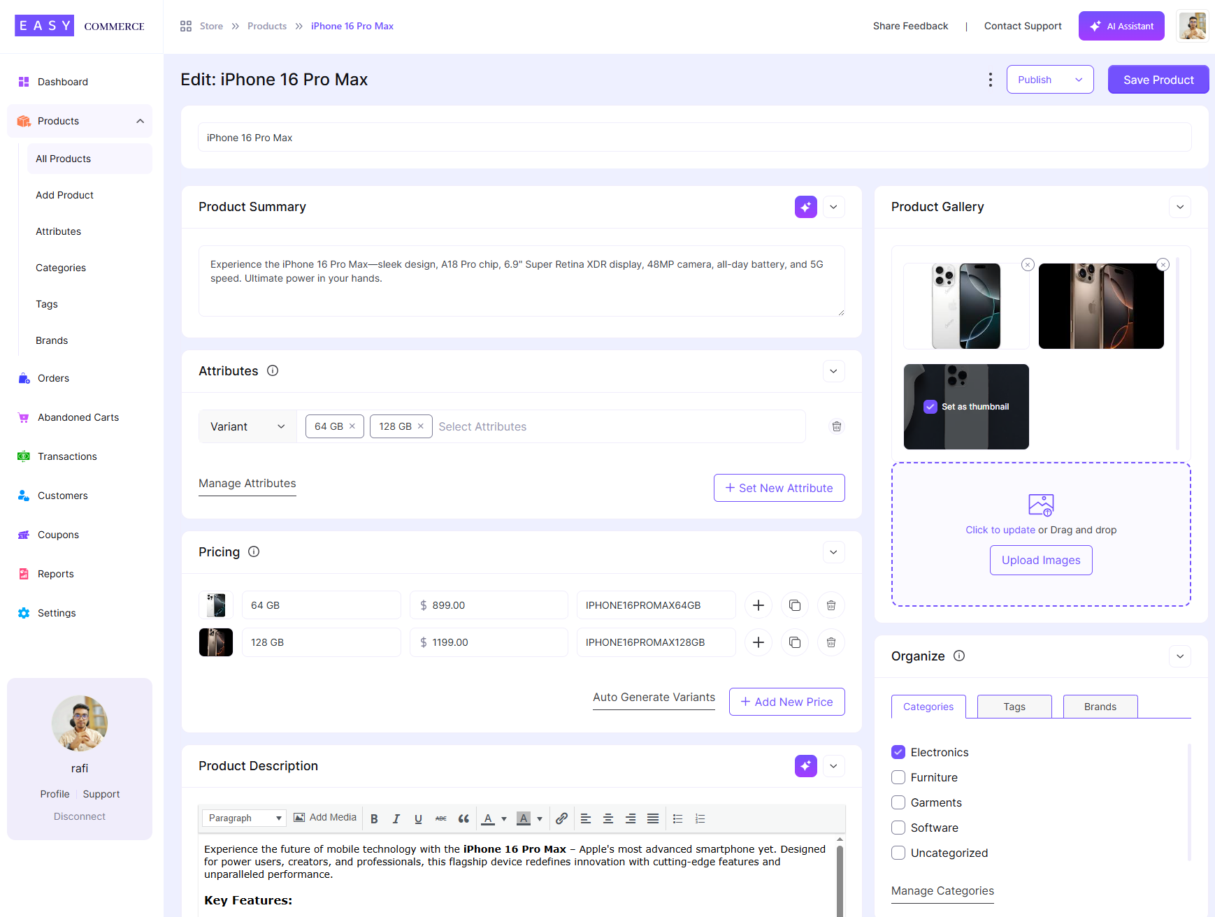 2. Product listing interface