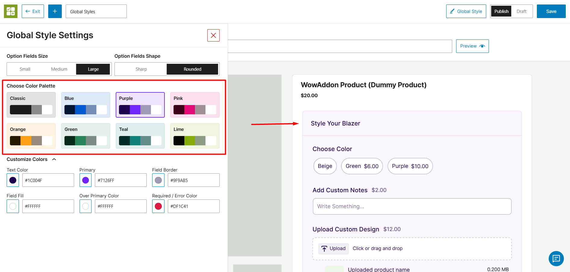 Choosing color palettes for product addons