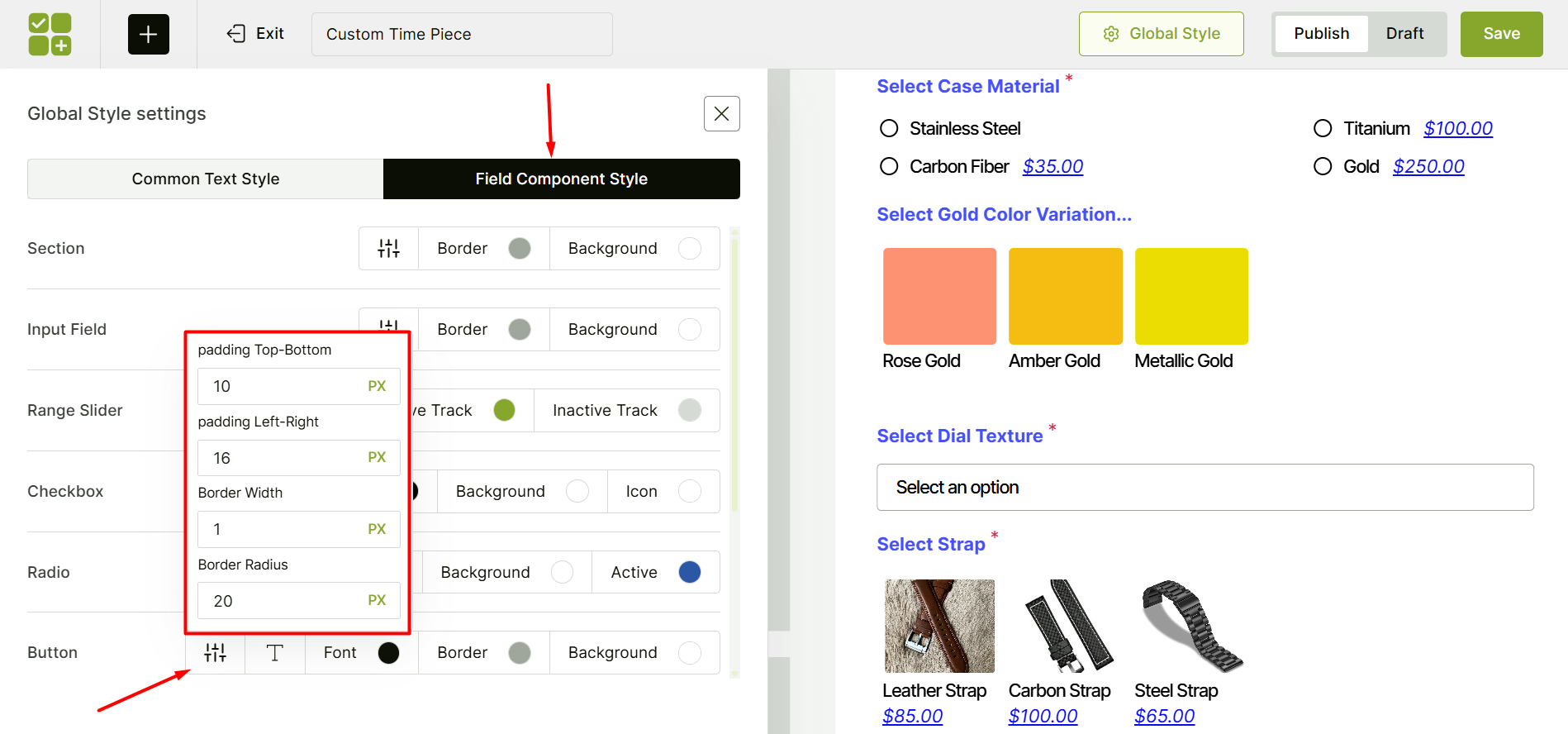 Working with the field component settings