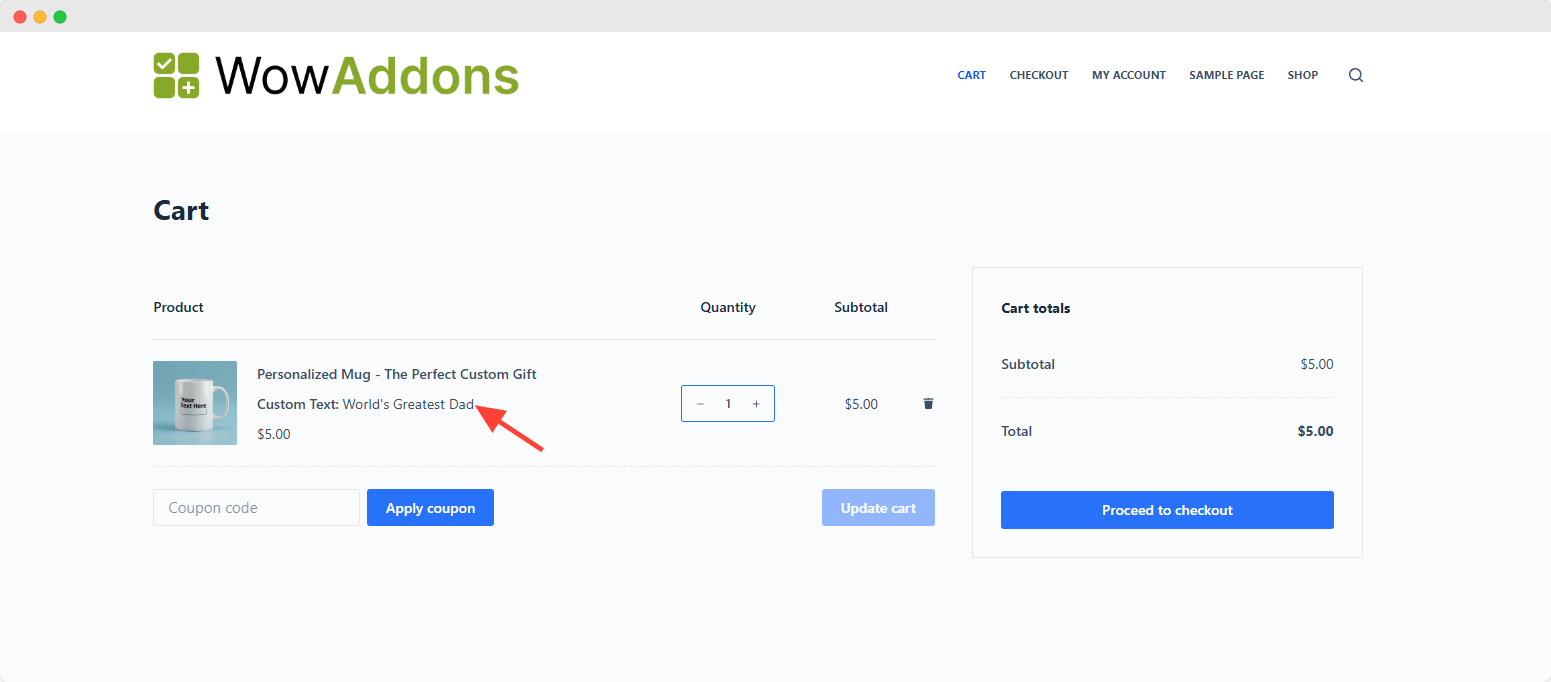 display text field on cart page
