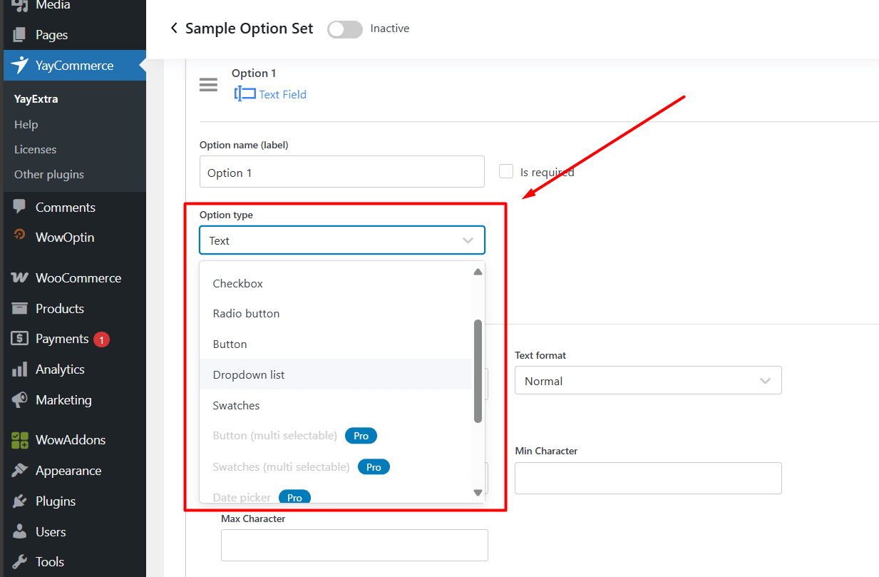 Dropdown addons section on YayExtra
