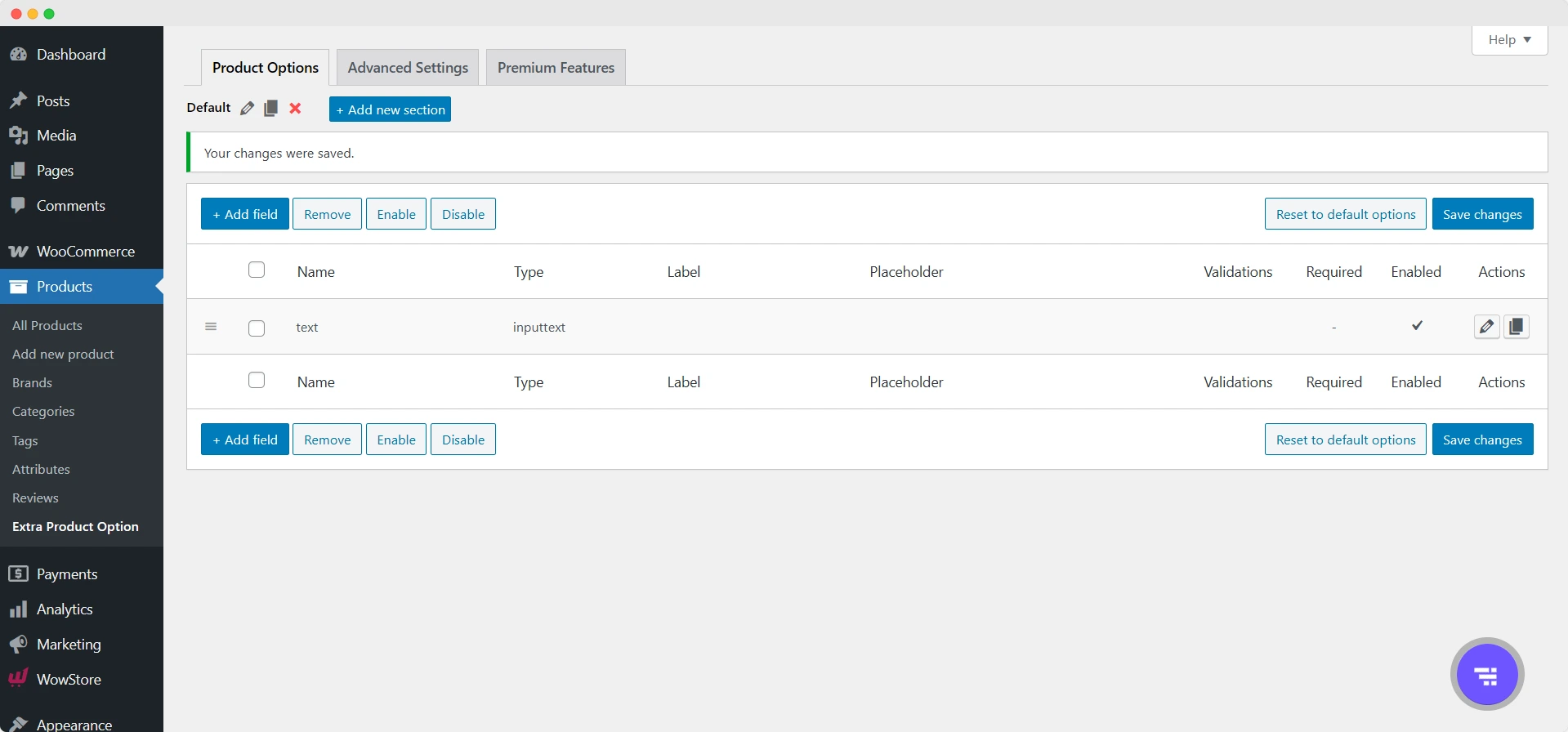 Interface of Extra Product Options