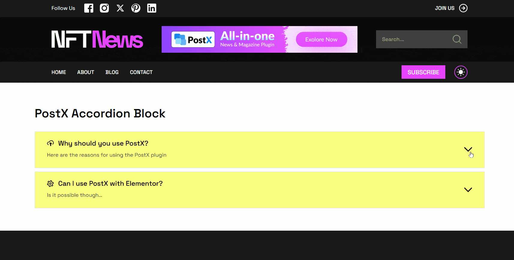 Frontend view of the PostX Accordion Block