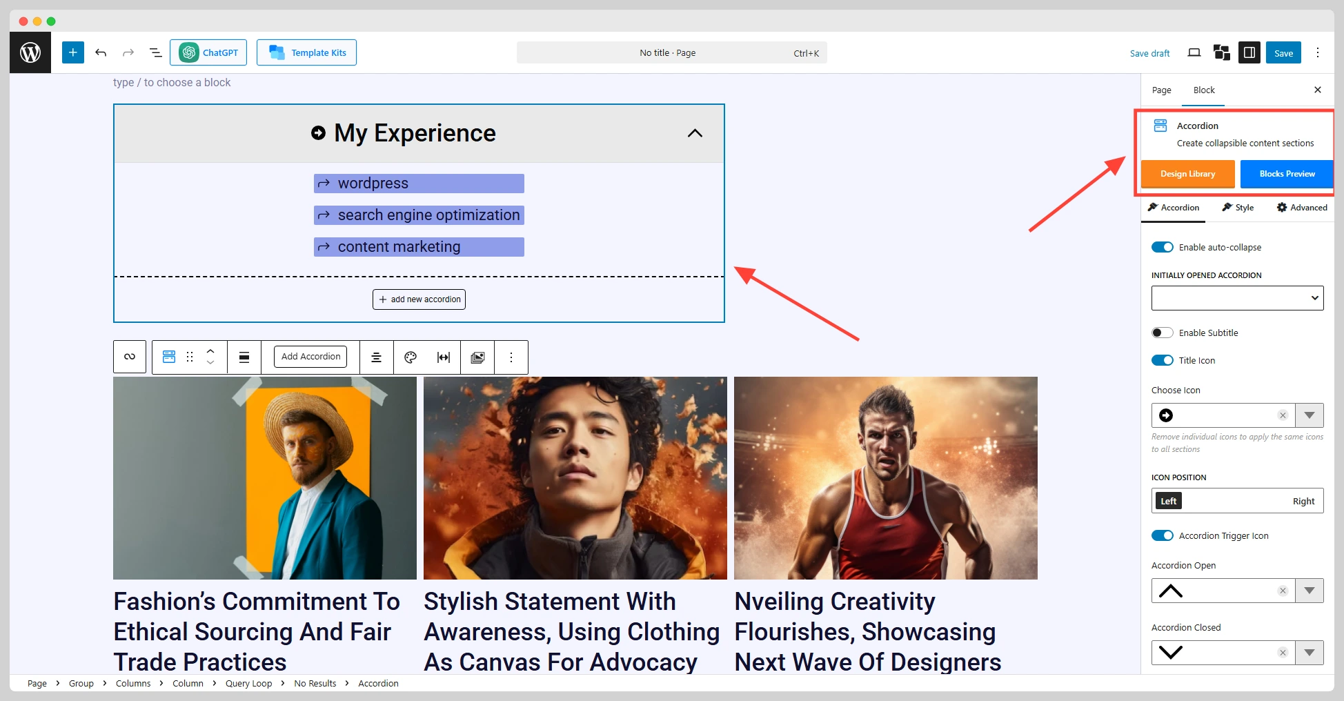 adding and customizing postx accordion block