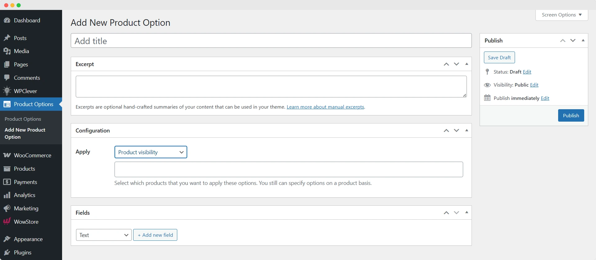 configuration settings for product options