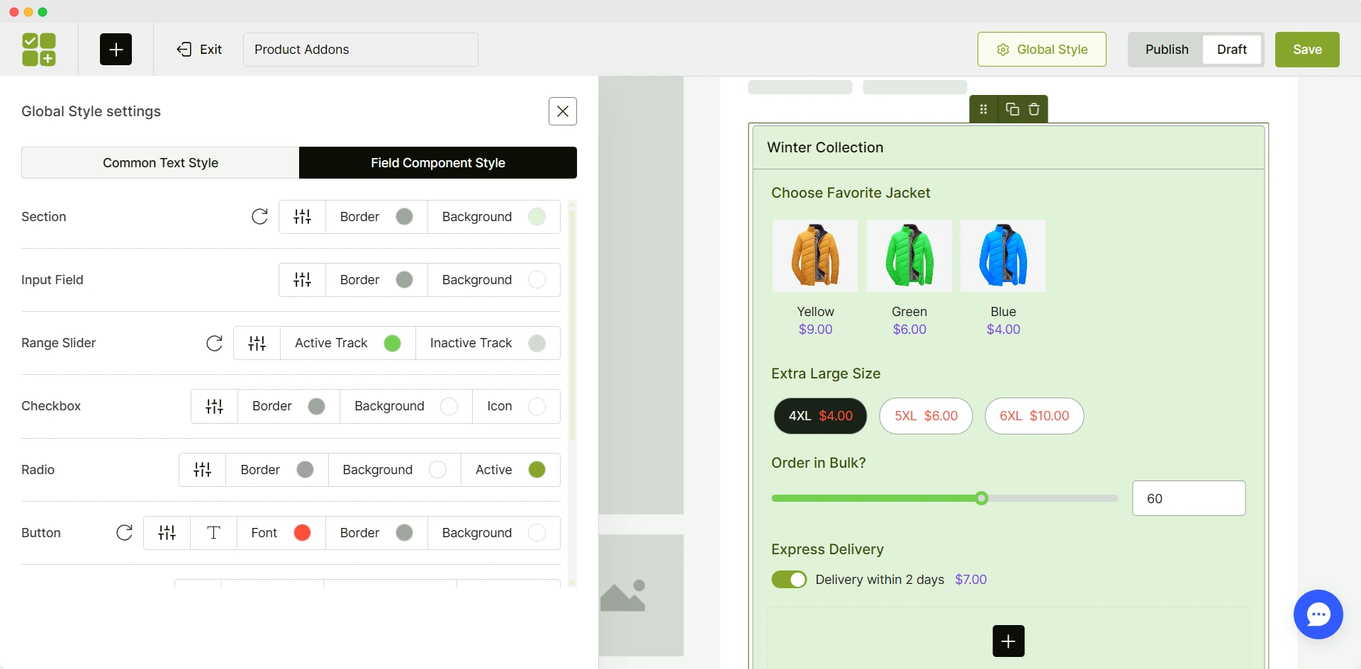 customizing design for product addons