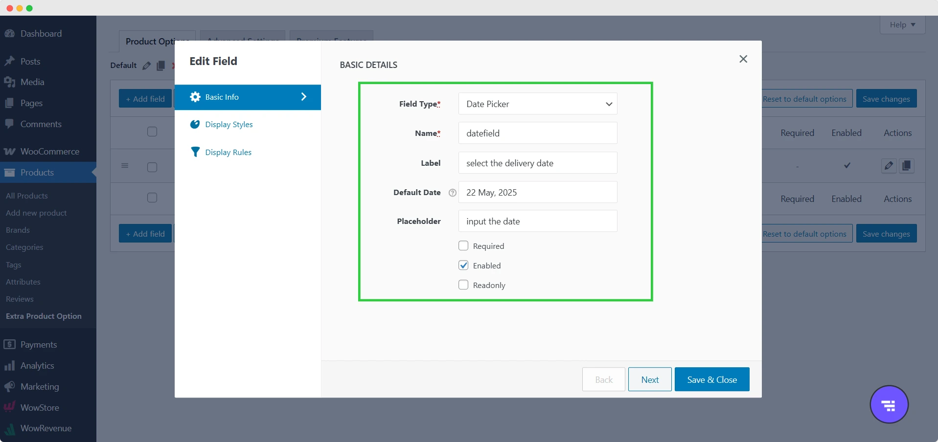 date picker settings from Extra Product Options