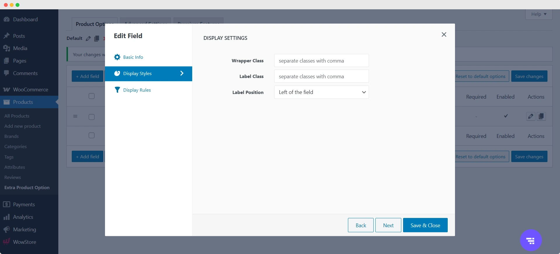 design customization settings for Extra Product Options
