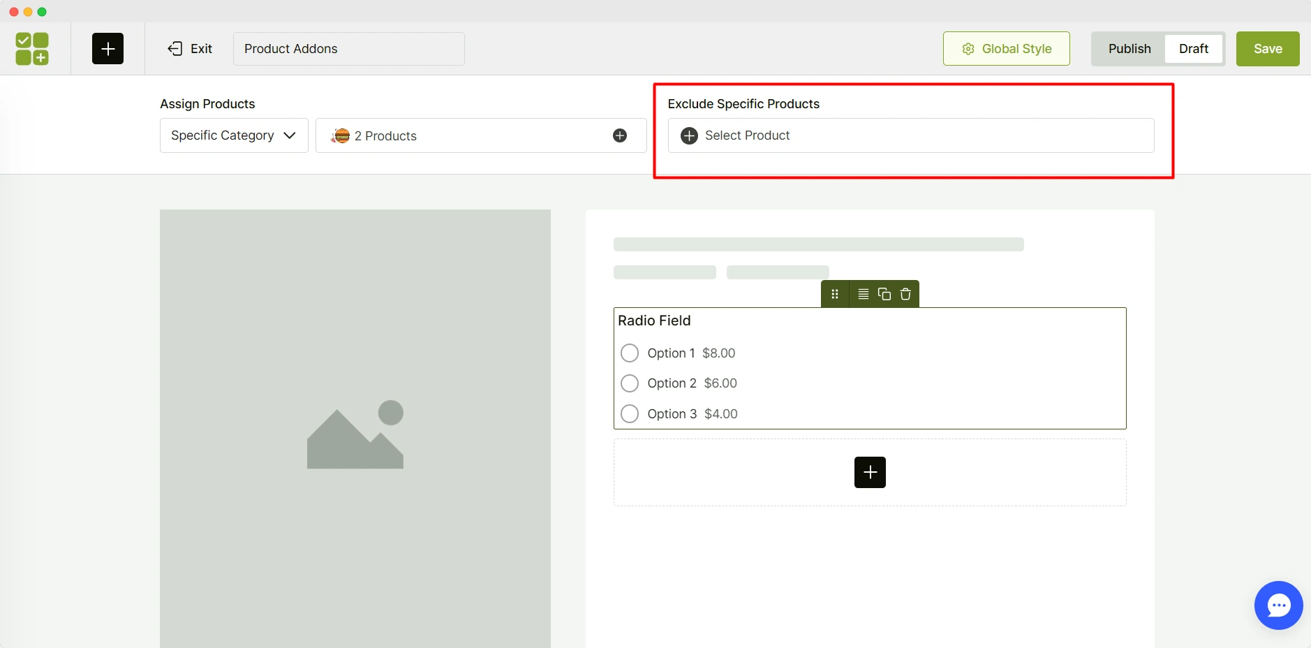 exclude specific products from displaying product addons