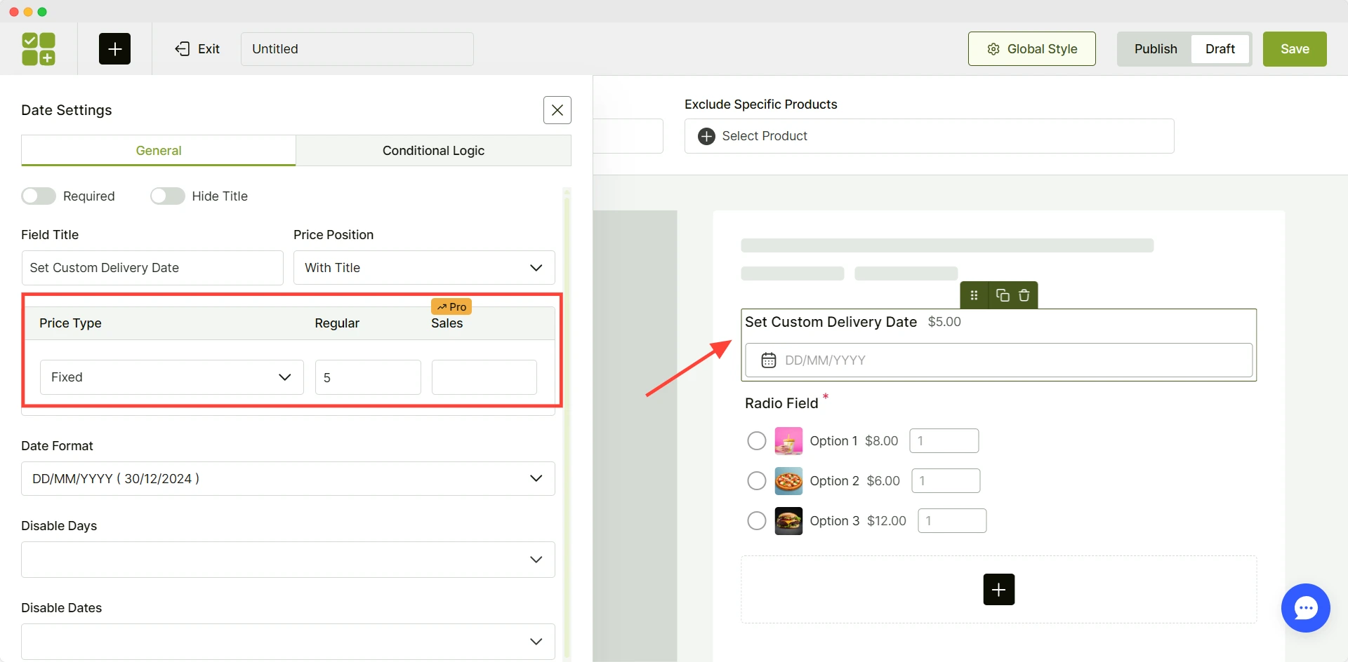 set custom pricing for the date field