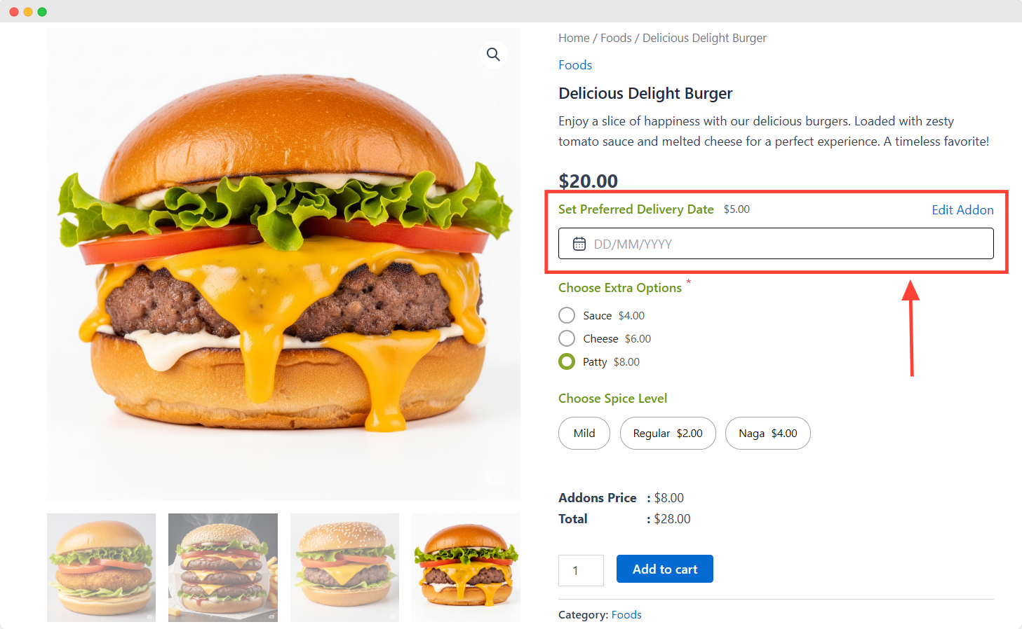 showing the date picker field