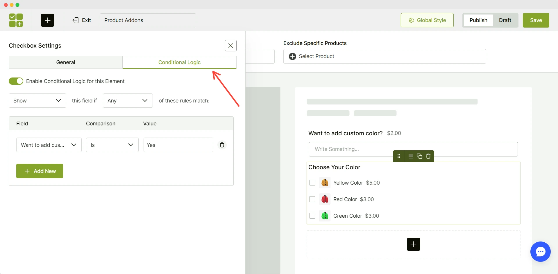 utilizing conditional logic for addons
