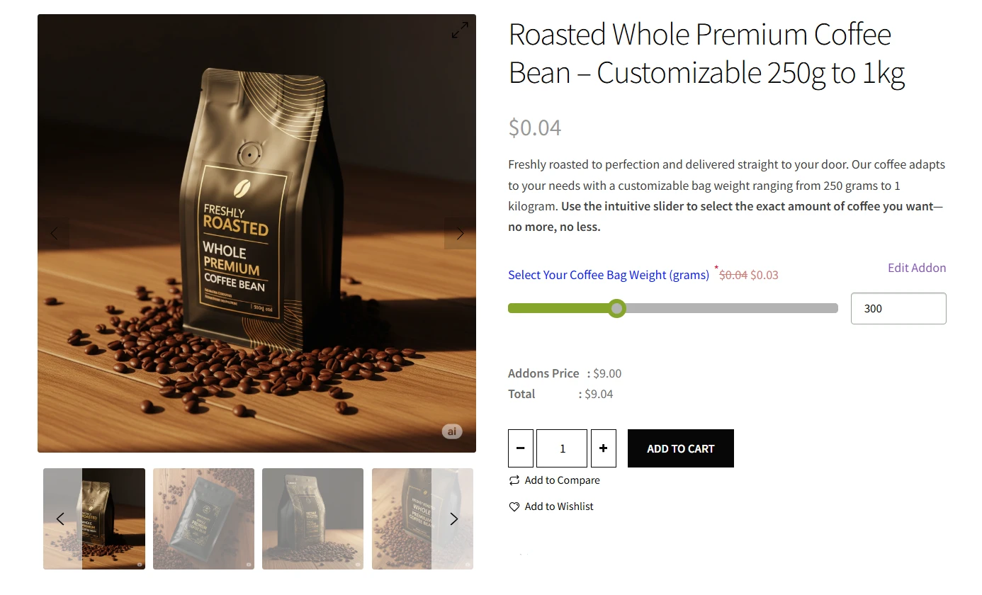 Range Slider Added to a WooCommerce Product Page using WowAddons