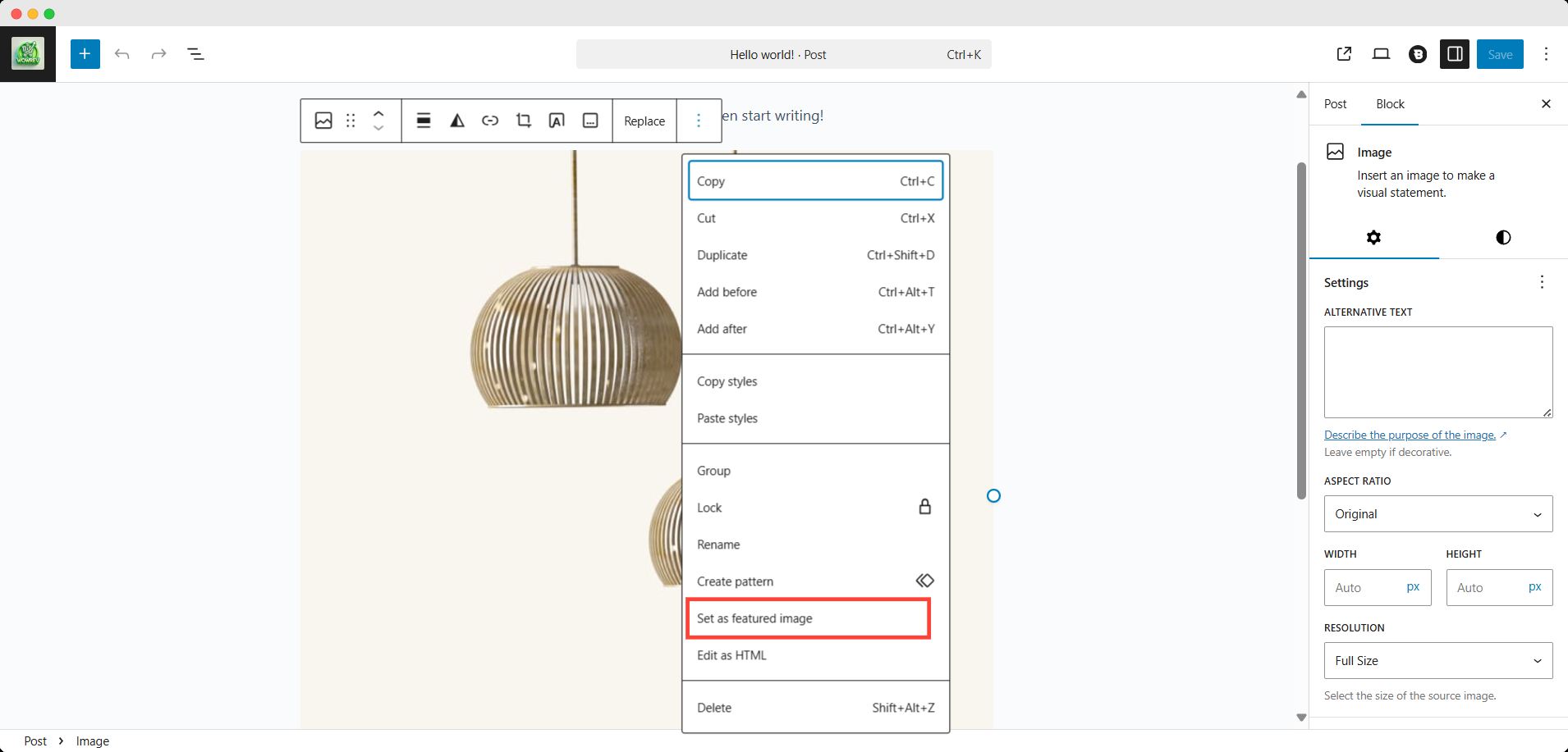 set image block as feature image