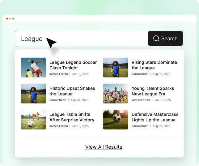 Example screenshot of PostX's Ajax search block that is displaying search results in a drop-down layout.