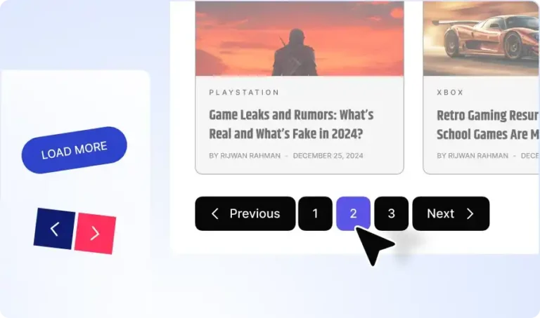 Screenshot of PostX's navigation, next-previous and numeric pagination, which can be used with post grid and list layouts.