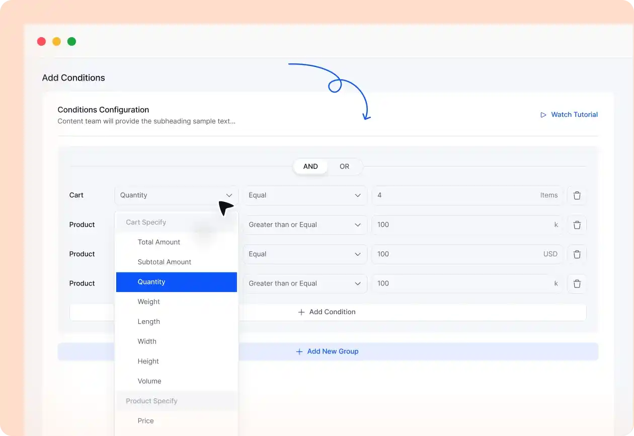 Screenshot showcasing how to configure shipping conditions using WowShipping.