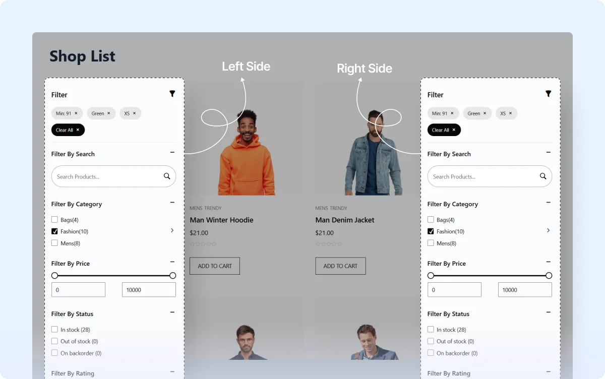 Display product filtering option to the left or right side.