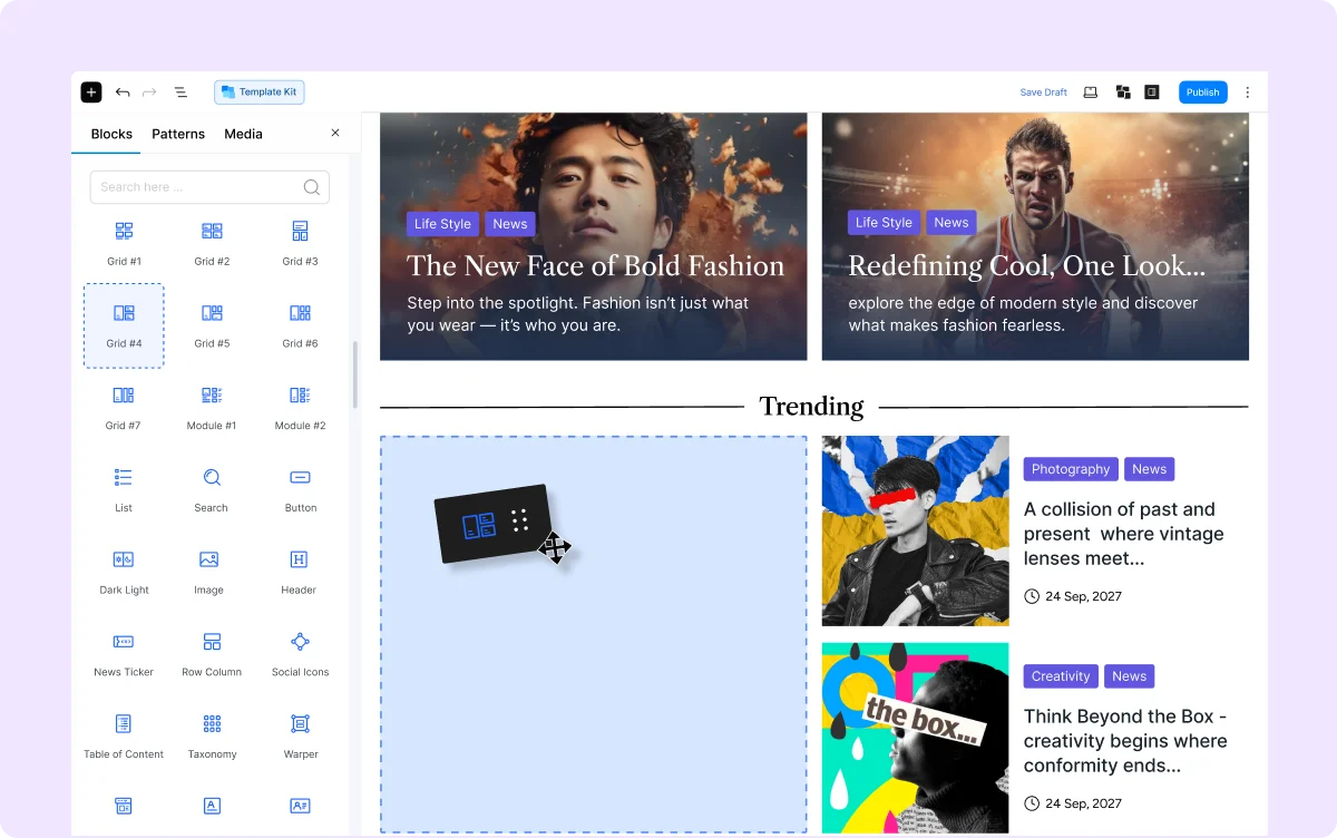 Building a page with drag and drop blocks.