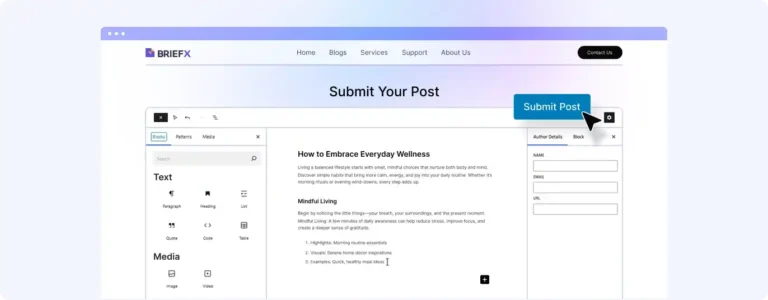Screenshot of the front-end submission feature of PostX showcasing how guest users can contribute from the front end of WordPress.