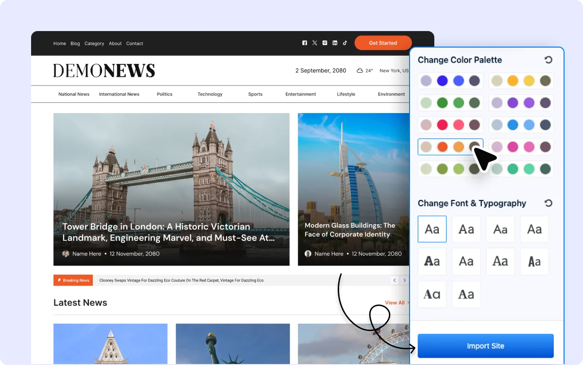 Selecting global colors and fonts while importing starter sites.
