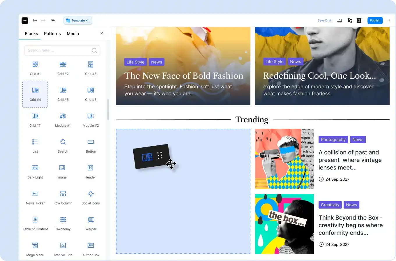 Gutenberg builder interface of PostX showcasing drag-and-drop layout editing view.