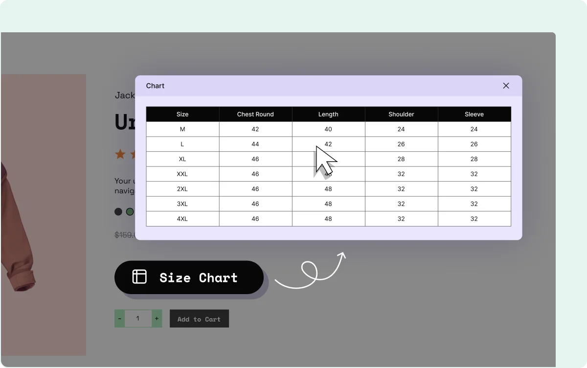 Display size chart on popup