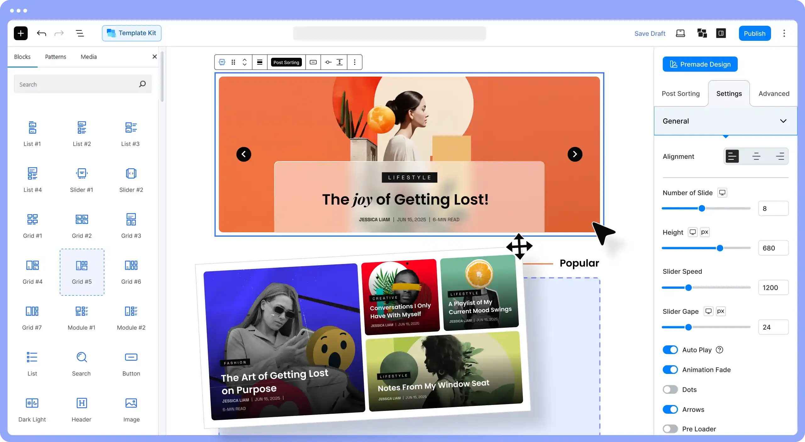Preview of PostX's builder showcasing how we can build custom layouts using post grid and other Gutenberg blocks.