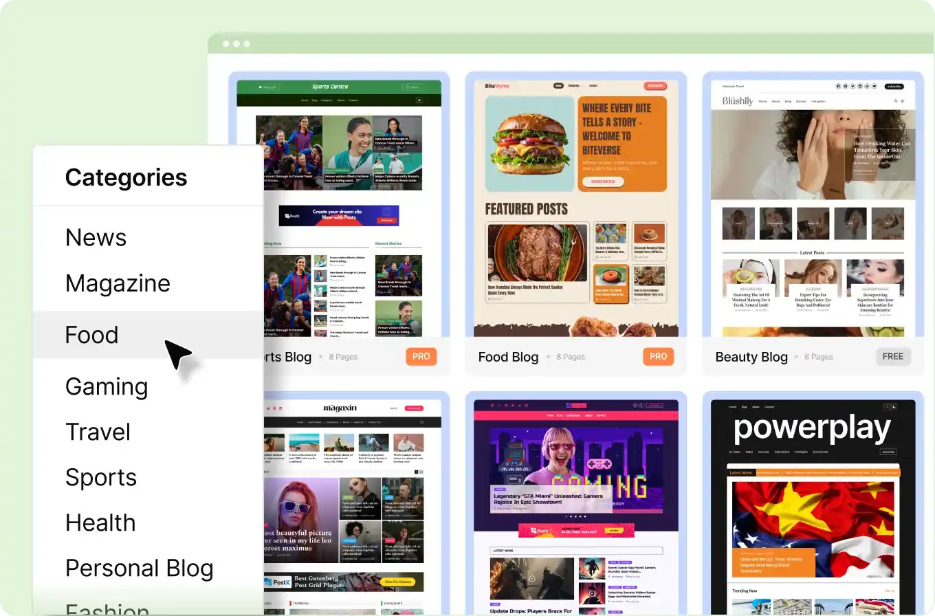 Screenshot of various website templates of PostX including, sports blog, food blog, beauty blog, magazine site, gaming site and more.
