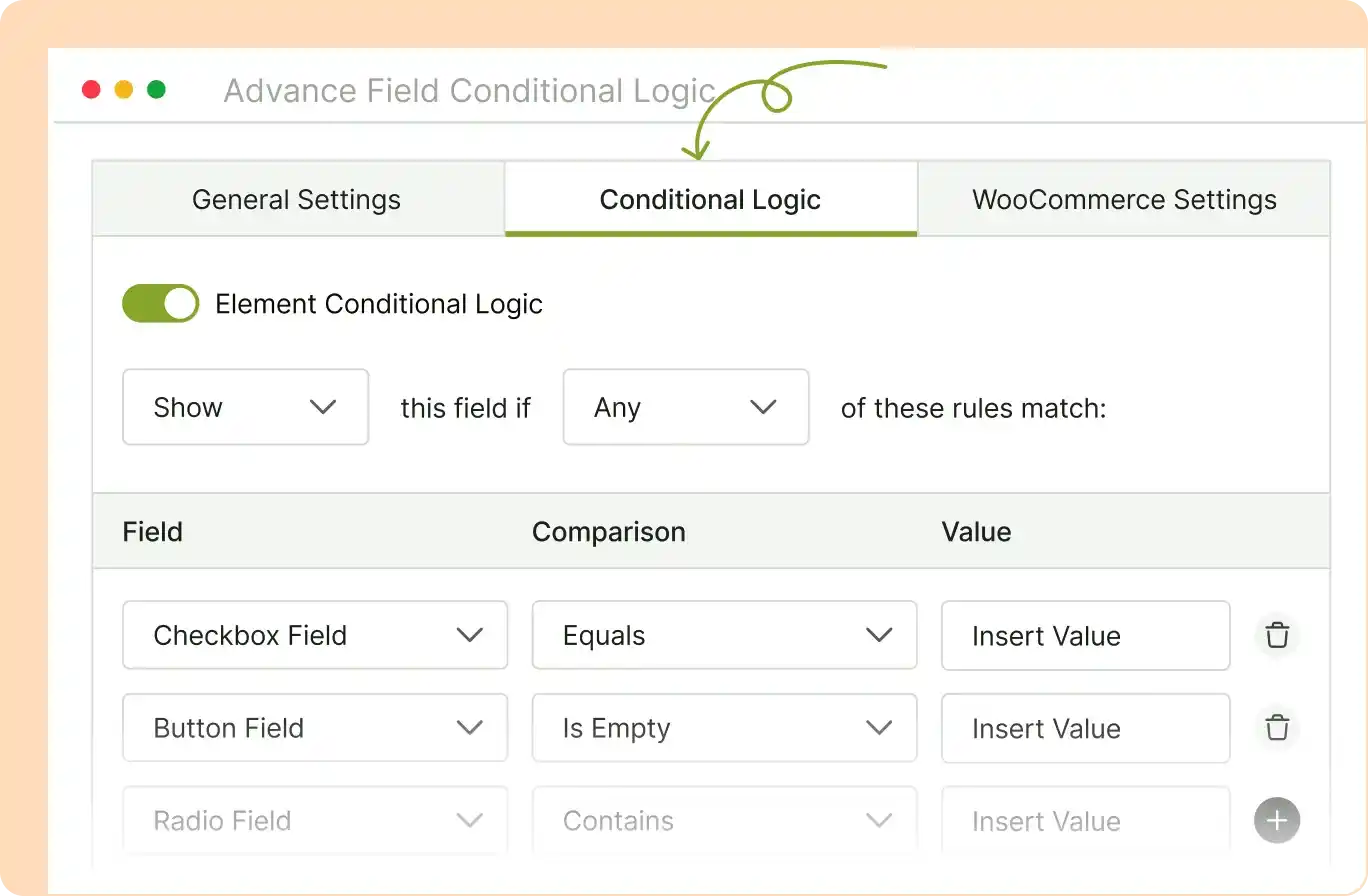 Screenshot showcasing how we can hide or display product addons based on conditions.