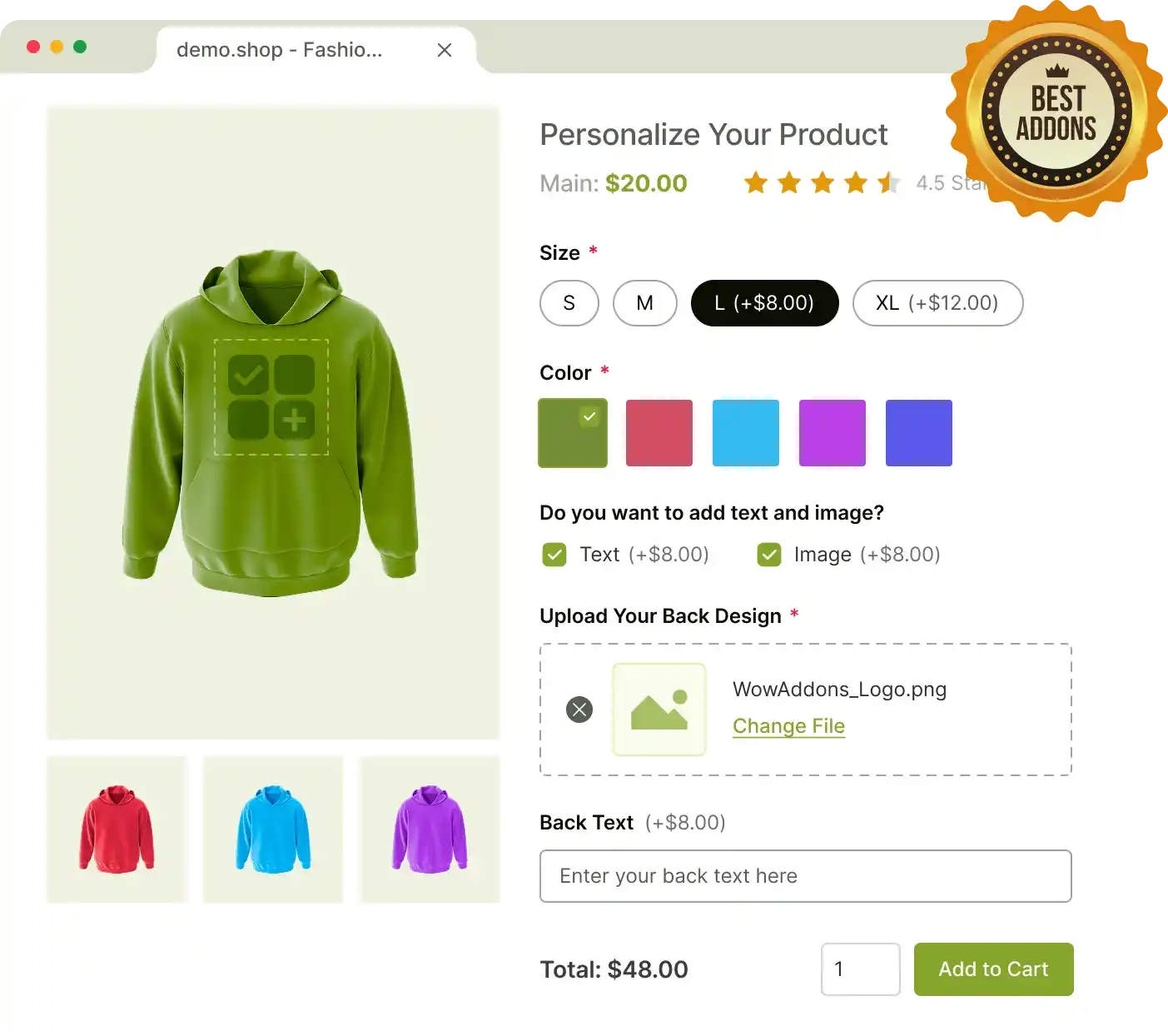 Screenshot showcasing product addons for WooCommerce of WowAddons.