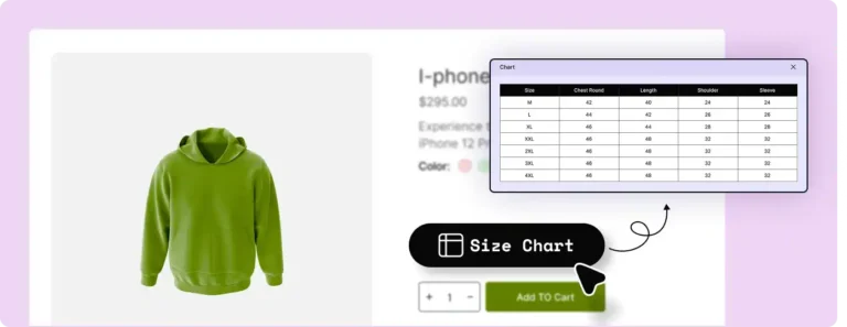 Screenshot of WowStore's Product Size Chart Feature for WooCommerce.