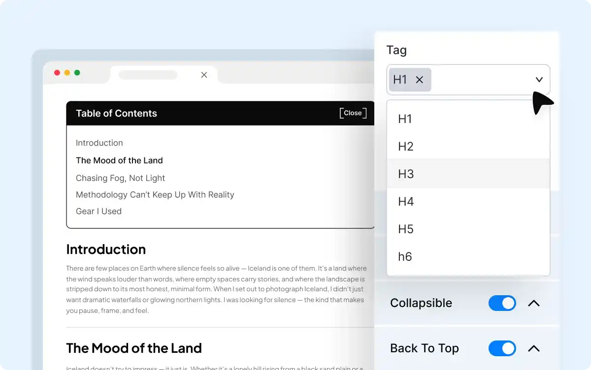 Heading Control within Table of Contents WordPress