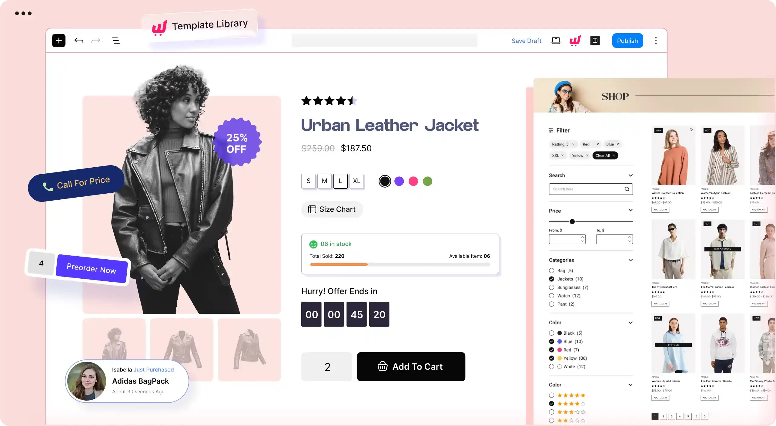 Screenshot of WooCommerce Page Builder showcasing example preview and premade templates.