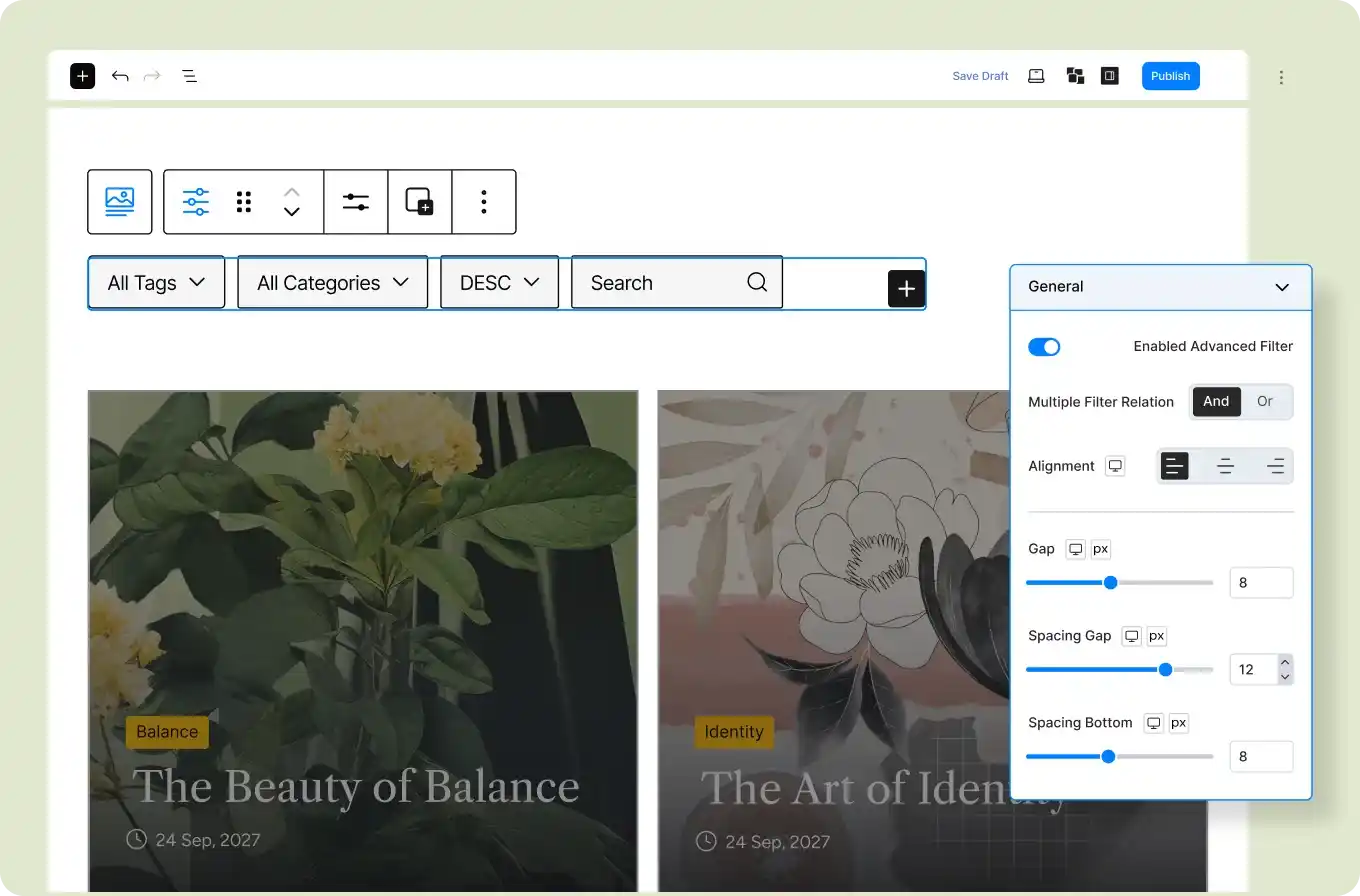 Screenshot of enabling post filters for a post grid layout.
