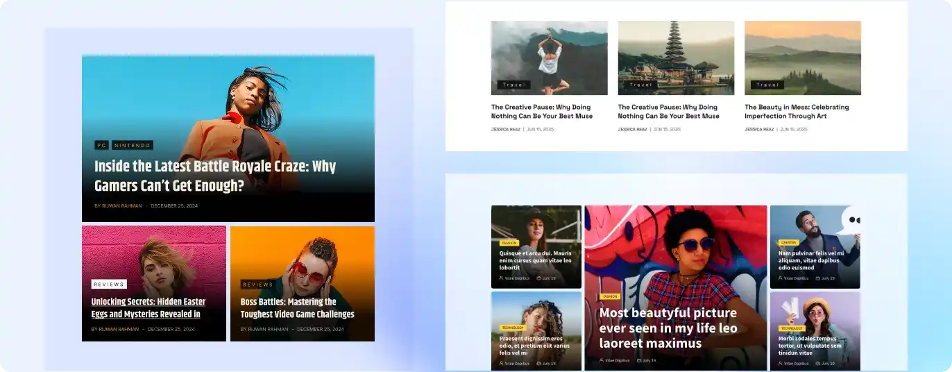 Screenshots of multiple post grid blocks of PostX.