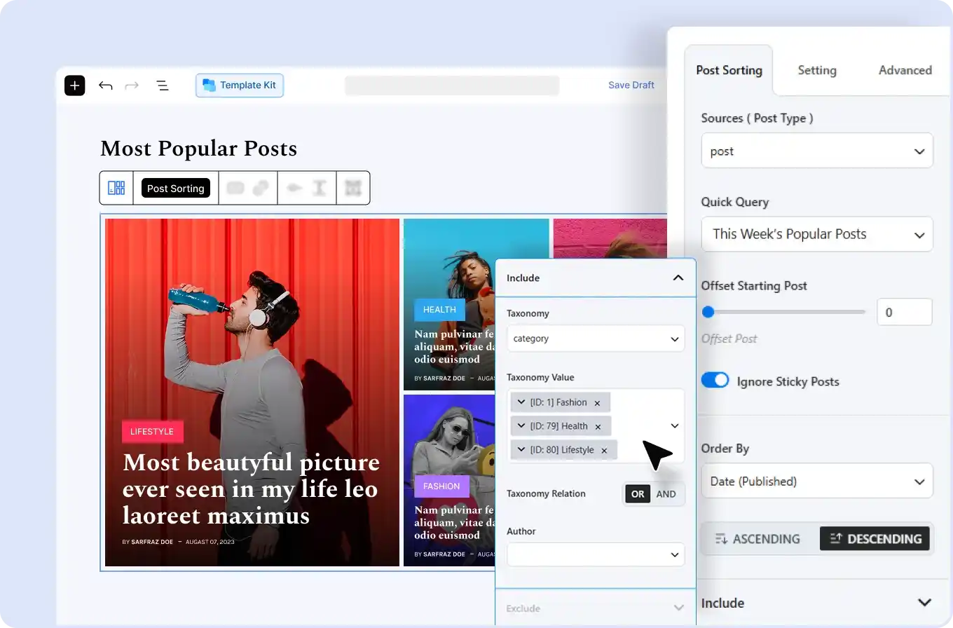 Preview of PostX's Query Builder for WordPress that allows you to display posts based on multiple criteria.