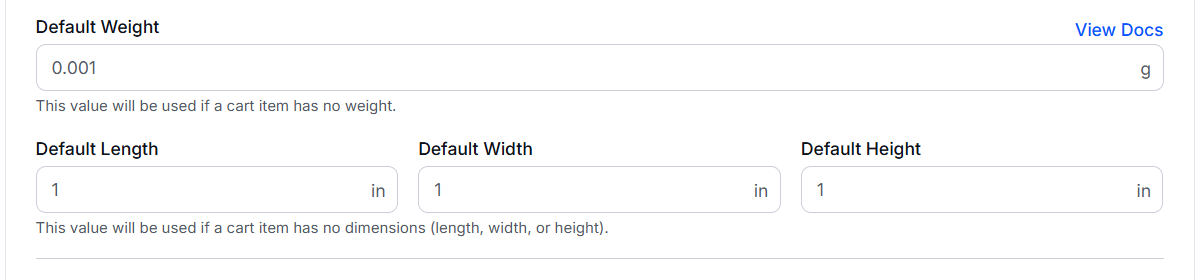 WowShipping Default Weight and Dimensions